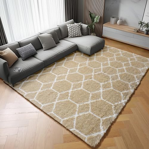 Area Rugs for Living Room, 5x8 Fluffy Beige and White Bedroom Geometric Rug - Image 6