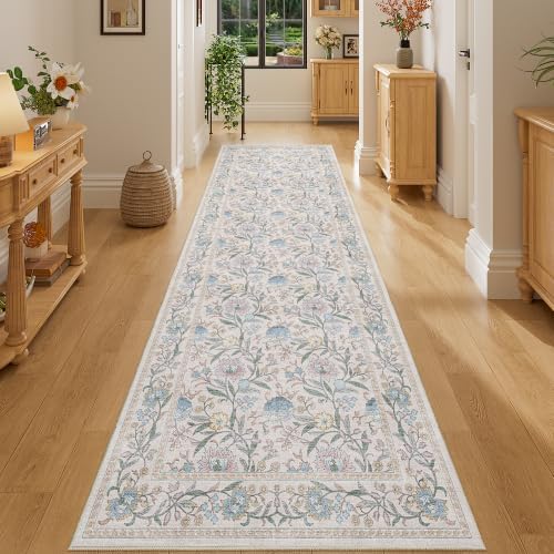 DUKINO 2.6x8 Runner Rug, Washable Vintage Floral Kitchen Runners Cream Blue by DUKINO