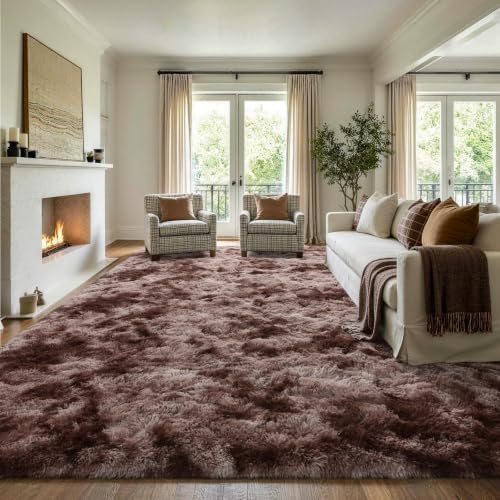 8x10 Extra Large Tie-Dyed Brown Fluffy Area Rug Non-Slip for Living Room - Image 3