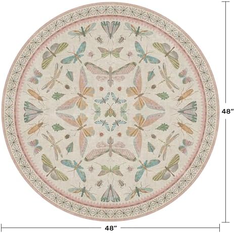 Boho Light Pink Round Rugs for Kids Bedroom - 4 ft Unique Circle Area Rugs for Baby Nursery, Washable Low Pile & Soft Cute Throw Rugs for Living Room, Playroom, Reading Corner, Fun Insect Décor - Image 2