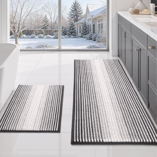 BSICPRO Bathroom Rugs Sets 2 Piece, Non Slip Striped Bath Mats, Gray by BSICPRO