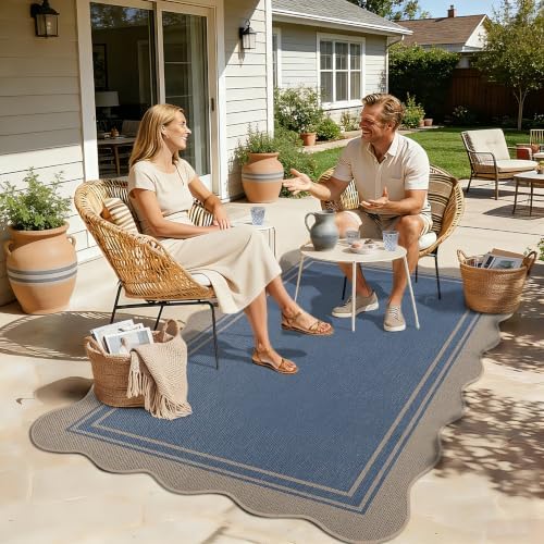 Easy Jute 3x5 Outdoor Scalloped Rug Washable Entryway Rug Blue - Image 3