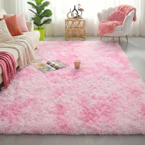 Amdrebio Pink White Fluffy Kawaii Area Rug 4x6 for Girls Bedroom Kids Room by Amdrebio