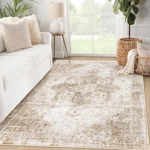 Area Rug 3x5 Washable Rug, Vintage Boho Medallion Entryway Rug Non-Slip Soft Low Pile Small Distressed Floor Carpet Retro Doormat for Kitchen Bedroom Laundry Bathroom Hallway (Brown, 3'x5') by VECARF