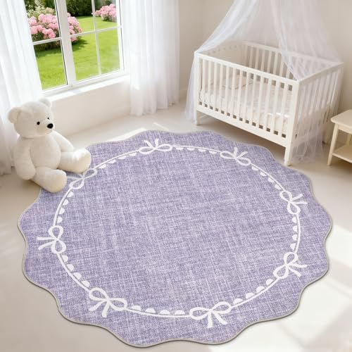 GarveeHome 6ft Round Rugs Washable Scalloped Bow Rug for Bedroom, Purple - Image 2