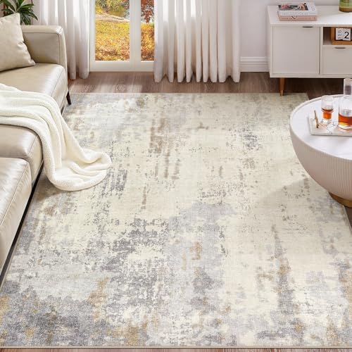 UERMEI 5x7 Area Rug Living Room Rugs - Washable Neutral Modern Abstract Soft Thin Rug Indoor Floor No Slip Rug Carpet for Bedroom Under Dining Table Home Office Decor - Light Brown/Gray by UERMEI