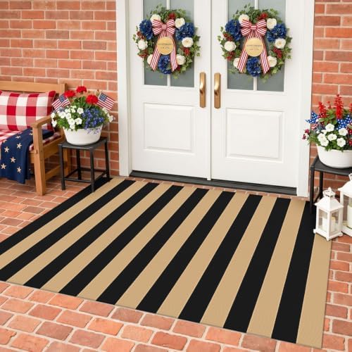 KILOCOCO Striped Rug 4x6 ft Washable Woven Front Door Rug, Brown and Black - Image 3