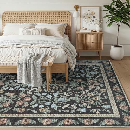 SparkleGaze Gold Black Floral Living Room Rug 5x7 Area Rug - Vintage Forest Washable Rug for Dining Room, Bedroom, Ultra Soft Low Pile Non Slip Stain Resistance Distressed Boho Farmhouse Flower Carpet - Image 5