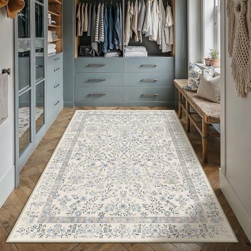 PureCozy 4x6 Blue Floral Small Area Rug Vintage Farmhouse Style by PureCozy