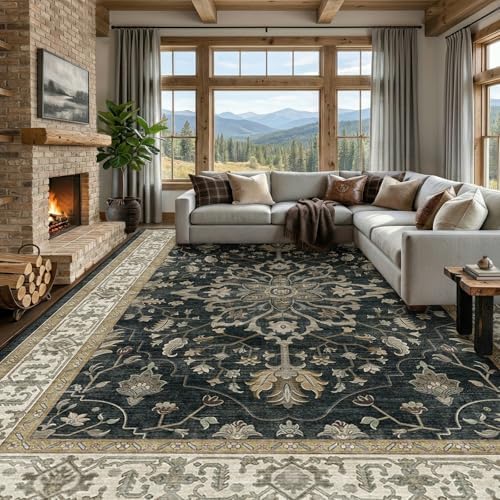RELEANY Washable Area Rug, Large 9'x12', Black/Vintage/Beige by RELEANY