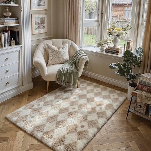 PureCozy Beige 4x6 Area Rug for Kids Room Soft Fluffy Checkered Shag Carpet - Image 3