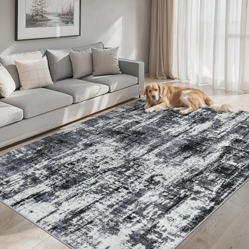 PLHXFR Area Rug Living Room: 5x7 Modern Abstract Washable Carpet Black by PLHXFRSoftAreaRugs