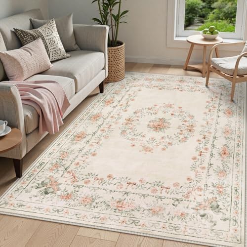 Wonnitar Floral Bow Washable Area Rug 5x7, Ultra-Thin Beige Rugs for Bedroom, Boho Non Shedding Neutral Soft Carpet for Nursey Kids Room Dorm Living Room, Beige by Wonnitar