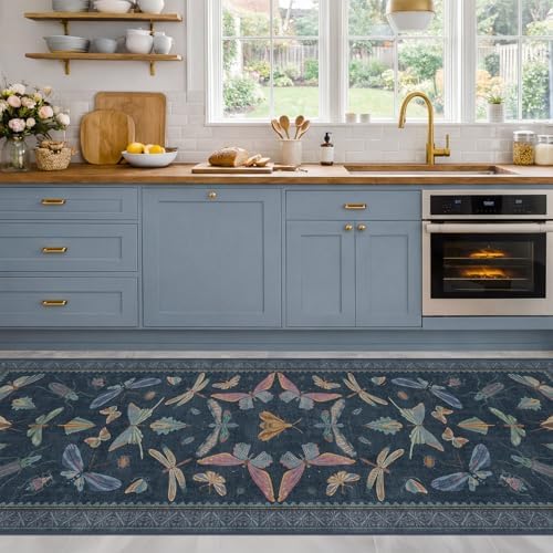 Dark Blue Vintage Hallway Runner Rug 3x12, Washable Non Slip Kitchen Carpet for Entryway, Insect Moth Home Décor, Stain Resistant Low Pile Rug - Image 3