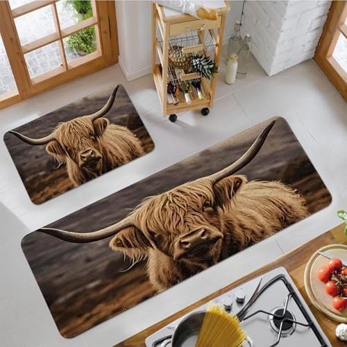Farmhouse Highland Cow Kitchen Rugs Sets of 2 Non Slip Washable, Rustic Country Brown Highland Cow Kitchen Mats for Floor 2 Piece Home Decor - Image 6