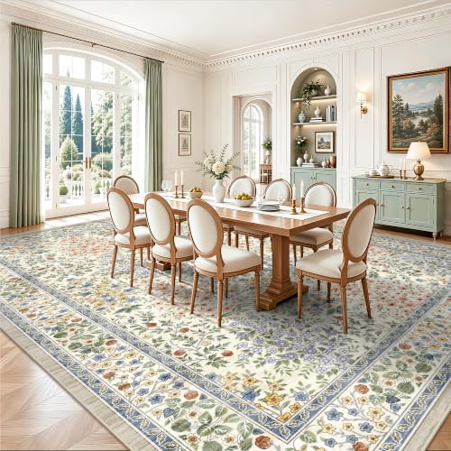 10x14 Large Area Rugs, Machine Washable Low Pile Floral Rugs for Living Room, Bedroom, Boho Style with Non-Slip Backing Nursery Rug(Beige Floral) - Image 4