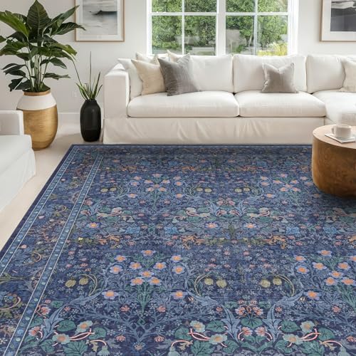 Washable Dark Blue Rug for Living Room - 10x14 Large Area Rug for Dining Room Under Table, Bedroom, Soft Low Pile Non-Slip Stain Resistant Carpet - Vintage Navy Floral Design - Image 6
