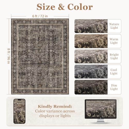 Washable Area Rug 6'x8' Living Room, Vintage MCM, Black/Brown/Beige - Image 2
