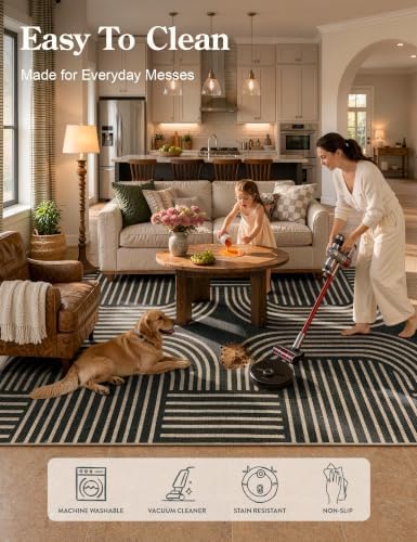 Lahome Modern Dining Room Rug, Black Geometric Indoor Outdoor Rug 8x10 - Image 3