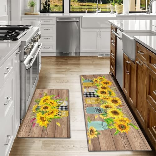 Sunflower Kitchen Rugs Set of 2,Farmhouse Style Kitchen Decor Kitchen Mat Non-Slip Washable,Farmhouse Kitchen Decor Anti Fatigue Floor Mat for Kitchen Sink Laundry Room, 17x30+17x47Inch - Image 2