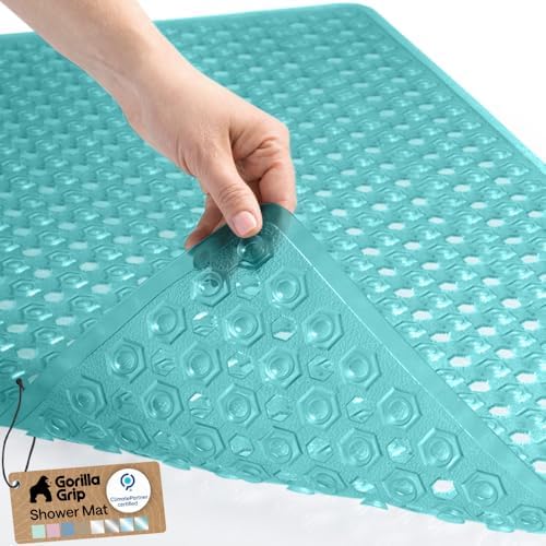 GORILLA GRIP Bath Tub Shower Mat, Bathtub Floor Liner 35x16 Clear Turquoise by GorillaGrip