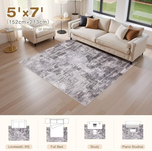 kakania Abstract 5x7 Area Rugs for Living Room: Washable Rugs Grey - Image 2