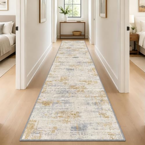 Hallway Runner Rug 2x10 Textured Non Slip Carpet Runner, Beige/Gold by TTelephant