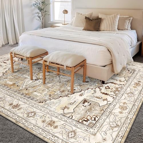 Yamaziot Area Rug 5x7, Non-Slip Washable Boho Vintage Living Room Bedroom Rug with Rubber Backing, Low Pile Faux Wool Soft Distressed Rug Floor Carpet for Living Room, Bedroom - Image 7