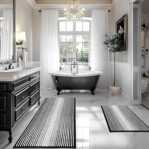 BSICPRO Bathroom Rugs Sets 2 Piece, Non Slip Striped Bath Mats, Black by BSICPRO