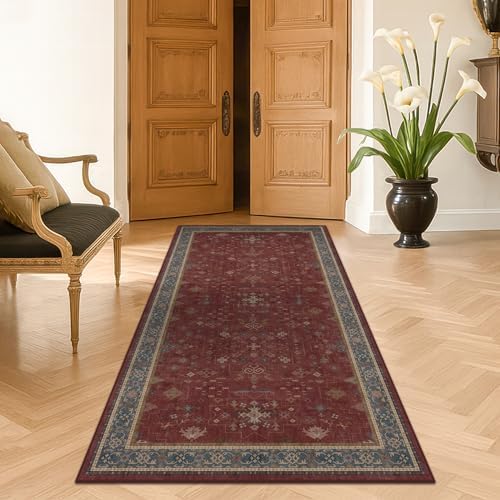 Washable 3x6 Entry Way Rugs Indoor - Burgundy Large Kitchen Rug, Non Slip Unique Bohemian Red Low Pile Thin Carpet for Bedroom Bedside, Foyer by HazoHaus