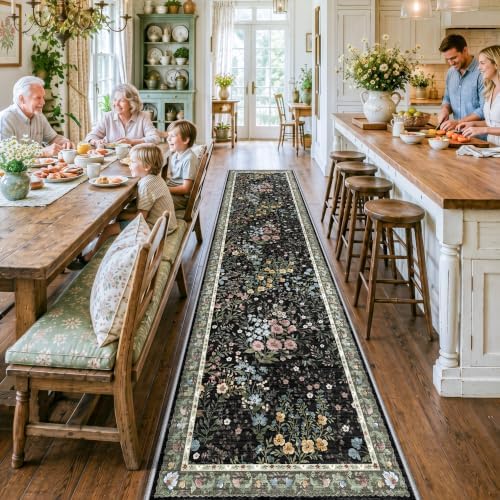 Washable Long Runner Rug 3x12: Vintage Botanical Runner for Large Hallway Office Gallery - Machine Washable Non Slip Low Pile Carpet - Soft Foldable Rug for Busy Indoor Spaces - 3'x12' Black - Image 5