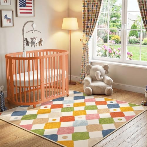 jinchan Checkered Square Rug 5x5 Washable Colorful Kids Room Play Mat - Image 4