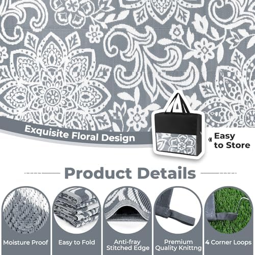 Findosom Waterproof Outdoor Rug 6' x 9' - Reversible Mandala Outdoor Plastic Straw Rug, Durable Foldable Patio Rug for RV, Deck, Balcony, Backyard, Picnic, Porch, Camping, Beach, Gray - Image 6