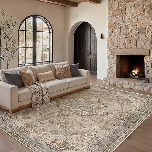 PureCozy Brown Area Rug 8x10 Living Room Vintage Floral Non-Slip Carpet - Image 2