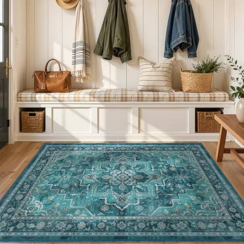 Washable Area Rug 4'x5' Living Room, Vintage Medallion, Boho Teal by Jainmy