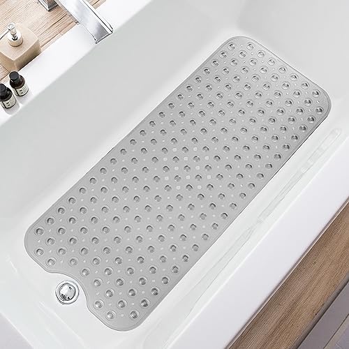 TEESHLY Bathtub Mats for Shower Tub, Extra Long Non-Slip 39 x 16 Inch Bath Mat with Drain Holes and Suction Cups, BathMat for Bathroom with Machine Washable (Clear Grey) by TEESHLY