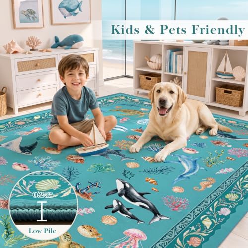 Arenarug 8x10 Washable Living Room Area Rug, Coastal Ocean Rug, Teal - Image 4