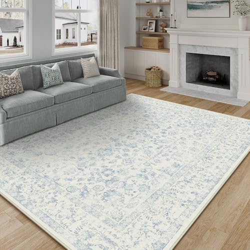 PureCozy 7x9 Blue Area Rug Washable Non Slip Vintage Living Room Carpet - Image 3