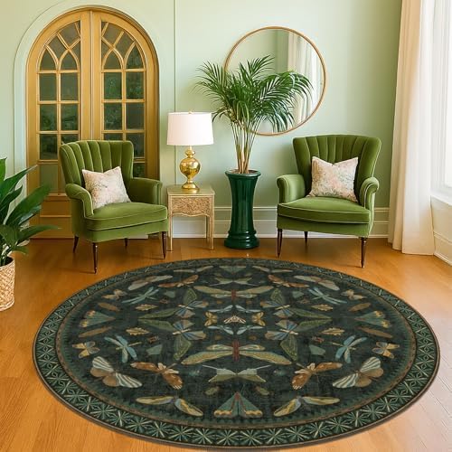 Dark Green Insect 6ft Round Washable Area Rug for Living Room - Non Skid Low Pile & Soft Carpet for Bedroom Beside Bed, Forest Butterfly Design Stain Resistant Home Décor by HazoHaus