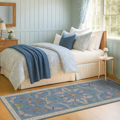 Hazo Haus 2x7 Washable Bedroom Runner Rug, Blue Boho Non Slip Rug for Kitchen, Bathroom, Laundry Room & Hallway, Rubber Backed Insect Print Runner Carpet by HazoHaus