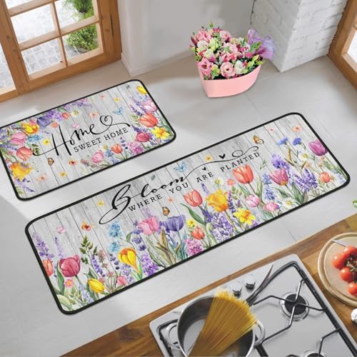 Spring Kitchen Rugs Sets of 2 Non Slip Washable, Tulip Lavender Floral Summer Spring Kitchen Mats Home Decor Rug Decorations Indoor - Image 4