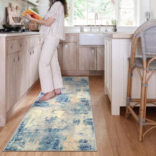 Lahome Modern Abstract Bathroom Runner Rug 2x8, Washable Entryway Rug Runners for Hallways Non Slip, Soft Non Skid Kitchen Carpet Runner for Living Laundry Bedroom RV, Blue - Image 3