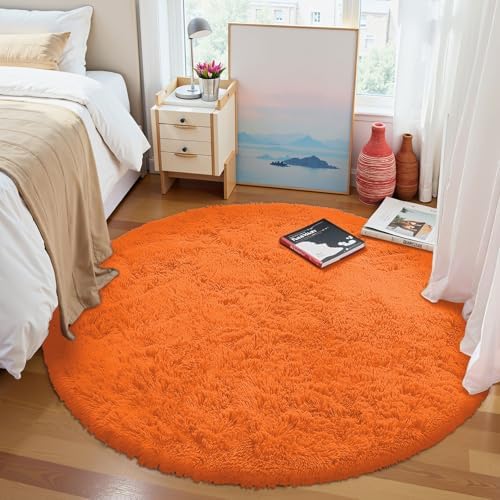 OLANLY Orange Round Rugs for Bedroom - Machine Washable, 4 ft Circle Area Rugs for Living Room, Soft and Fluffy Shaggy Carpet for Teen Girl and Boys, Nursery Rooms, Dorms, Home Decor Aesthetic - Image 3