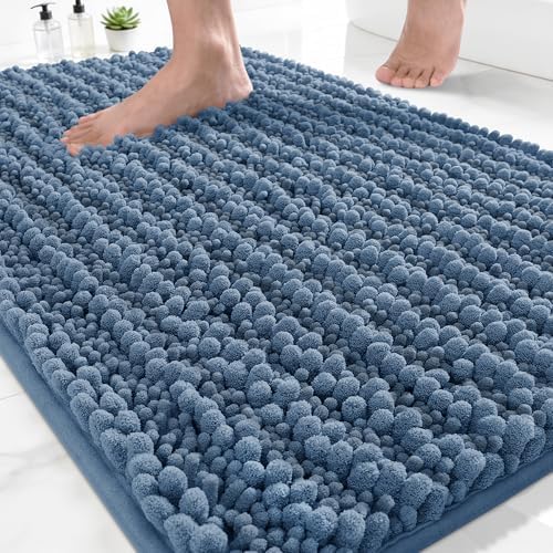 Yimobra Bathroom Rugs Non Slip Washable - Ultra Soft Absorbent Chenille Bath Mat, Quick Dry Shaggy Floor Carpet for Tub Shower, Denim Blue Home Decor Accessories, 24x17 Inch by Yimobra