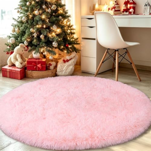 4Ft Fluffy Pink Round Rug for Girls Bedroom Kids Room, Washable Non-Slip by WISHTREE
