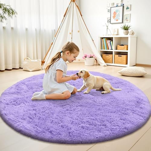 OLANLY Light Purple Round Rugs for Bedroom - Machine Washable, 4 ft Circle Area Rugs for Living Room, Soft and Fluffy Shaggy Carpet for Teen Girls and Boys, Nursery Rooms, Dorms, Home Decor Aesthetic - Image 3