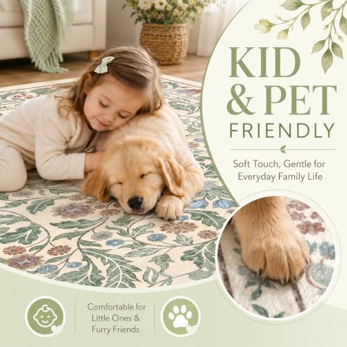 Floral 8x10 Area Rugs for Living Room, Machine Washable Vintage Rug Boho Low Pile Carpets Non Slip Soft Carpet for Farmhouse Bedroom Office Rugs, Kids Room, Nursery Room, Playroom, Beige - Image 5