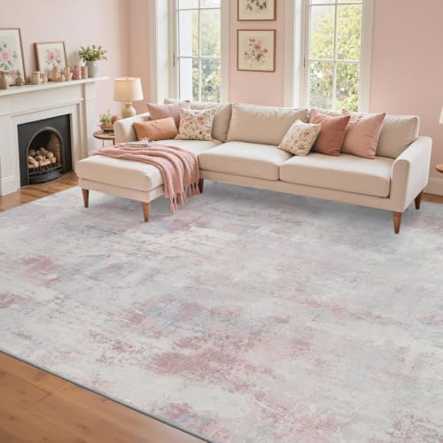 9x12 Ft Abstract Washable Area Rugs for Living Room Dusty Pink - Image 2