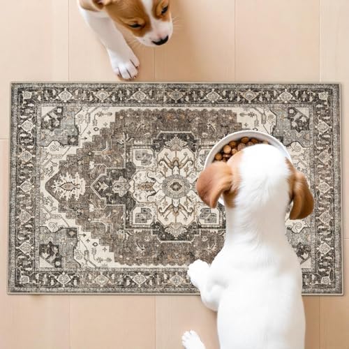 Washable Entryway Area Rug 2x3 - Small Entrance Rug Vintage Distressed Mat Oriental Non-Slip Non-Shedding Carpet Soft Thin Stain Resistant Indoor Floor Doormat for Bedroom Bathroom Kitchen (Beige,2x3) - Image 3