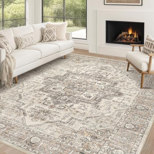 10x12 Area Rugs for Living Room: Washable Vintage Light Brown Rug by ZUNTKON